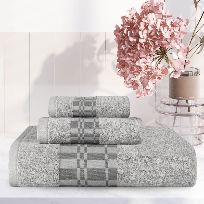 Davis Larissa Cotton Medium Weight Geometric Border 3 PC Assorted Towel Set, Chrome