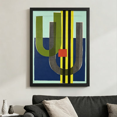Formes géométriques abstraites modernes de style Pop Art vert, bleu et jaune. Toile encadrée 24 "x 36" avec cadre en bois noir