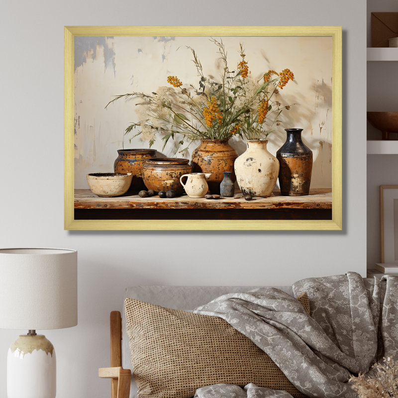 Art floral brun sur poterie rétro, Doré, H 24 po x l 32 po, Impression encadrée