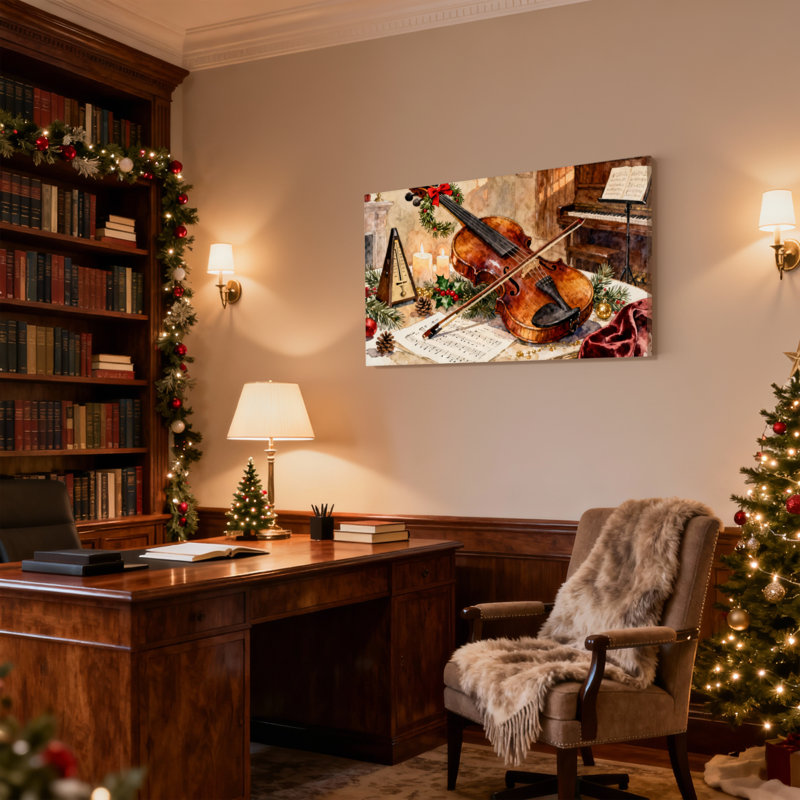 Ensemble de 3 impressions sur toile de Noël, violon, feuille de musique, bougie pinecone, H 20 po x l 30 po