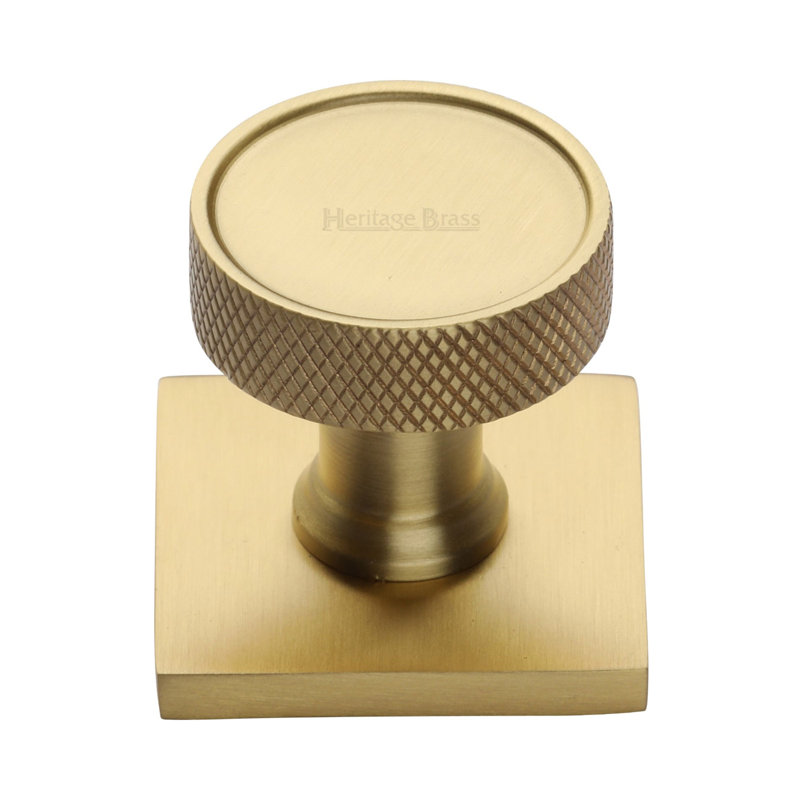 Heritage Brass Cabinet Knob Florence Knurled Design with Square Backplate, Satin Brass