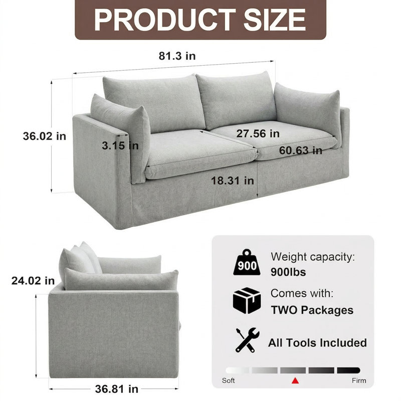 Canapé à accoudoirs carrés 81,3 po, Mélange de polyester - gris clair