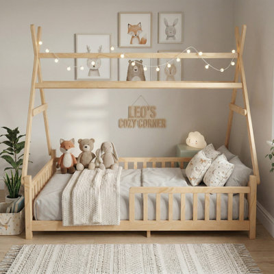 Twin Size Kids House Bed With Roof & Guardrails, Low Floor Montessori Bed Frame With Fence & Decorative Light, Wood Platform Bed (Natural)