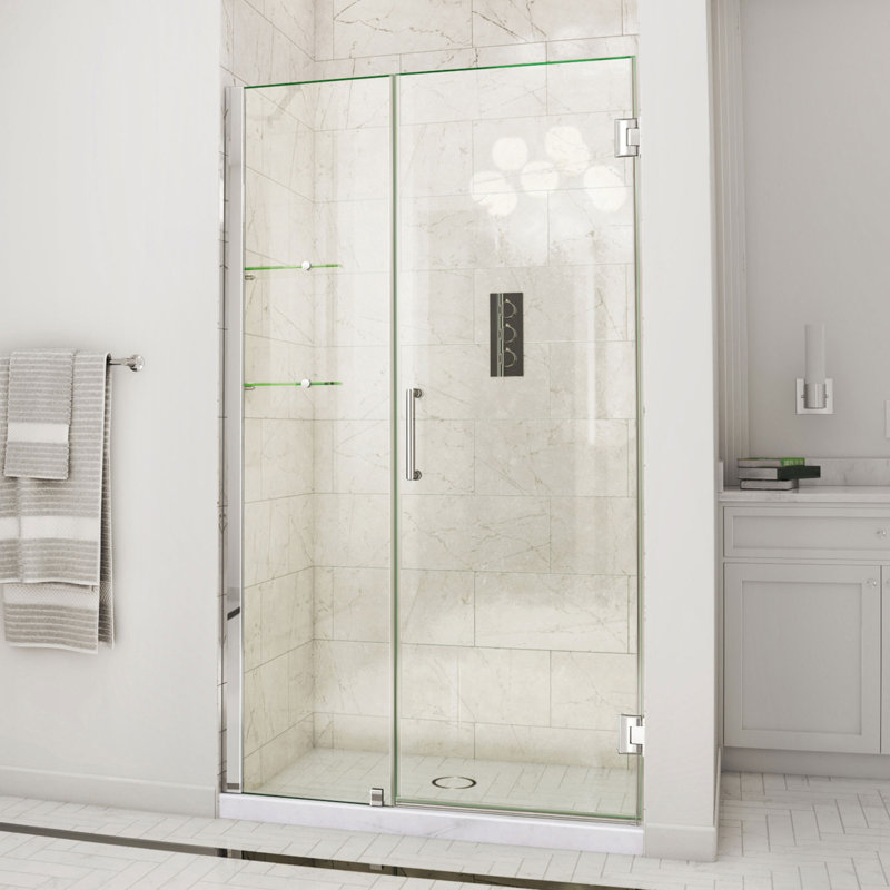 DreamLine Unidoor 48 - 49 inch W x 72 inch H Frameless Hinged Shower Door with Shelves in Chrome, Chrome, 49"