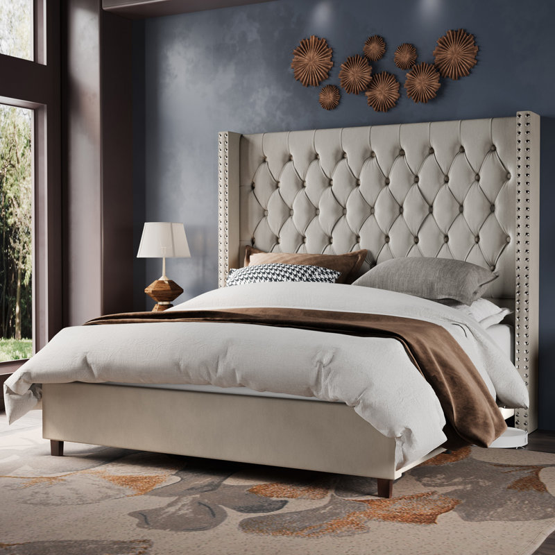 Bed Frame with 61.4" Tall Headboard Upholstered Velvet Platform Bed, Queen, Cream