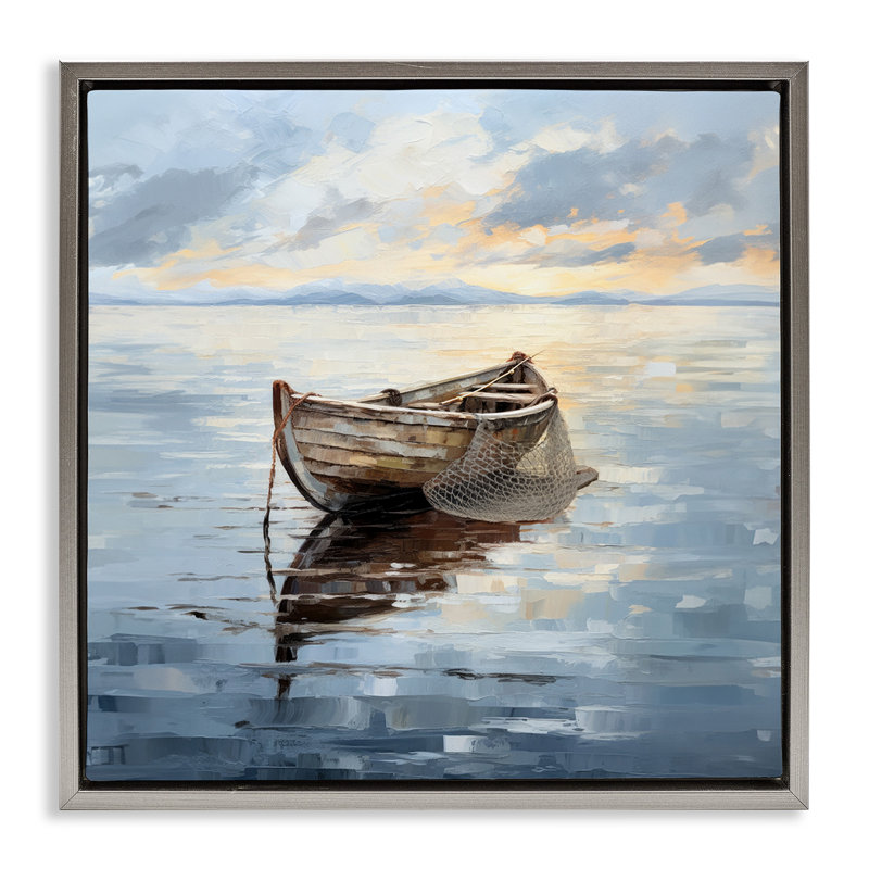 Peinture d'un bateau de pêche, Cadre flottant gris lustré, H 18 po x l 18 po