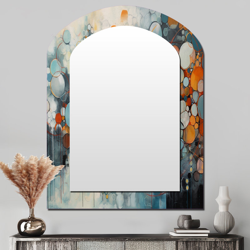 Illusions géométriques orange et bleues - décor de miroir mural unique à arche géométrique, grand miroir asymétrique orange, impression d'art en métal