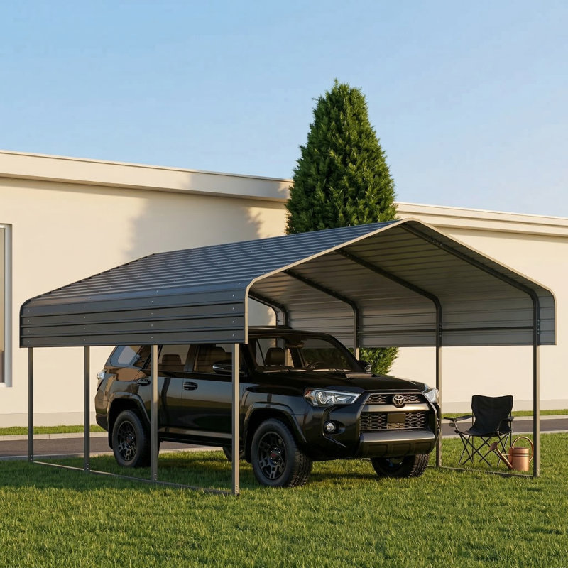 Abri de voiture en métal mesurant 10 par 15 pieds, équipé d'une base améliorée et d'un toit en acier galvanisé, garage extérieur robuste offrant un abri pour les voitures, les bateaux et les camions