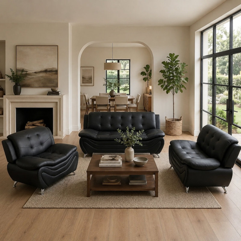 Ensemble de canapé 3 pièces en similicuir noir, canapé 76,5 po + causeuse + fauteuil simple pour la chambre à coucher du salon