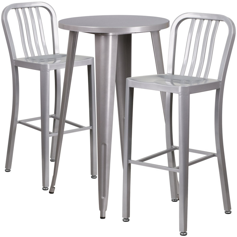 Drumfane 30'' Round Metal Indoor-Outdoor Bar Table Set with 2 Vertical Slat Back Stools, Silver, 30'' x 30'' x 41''