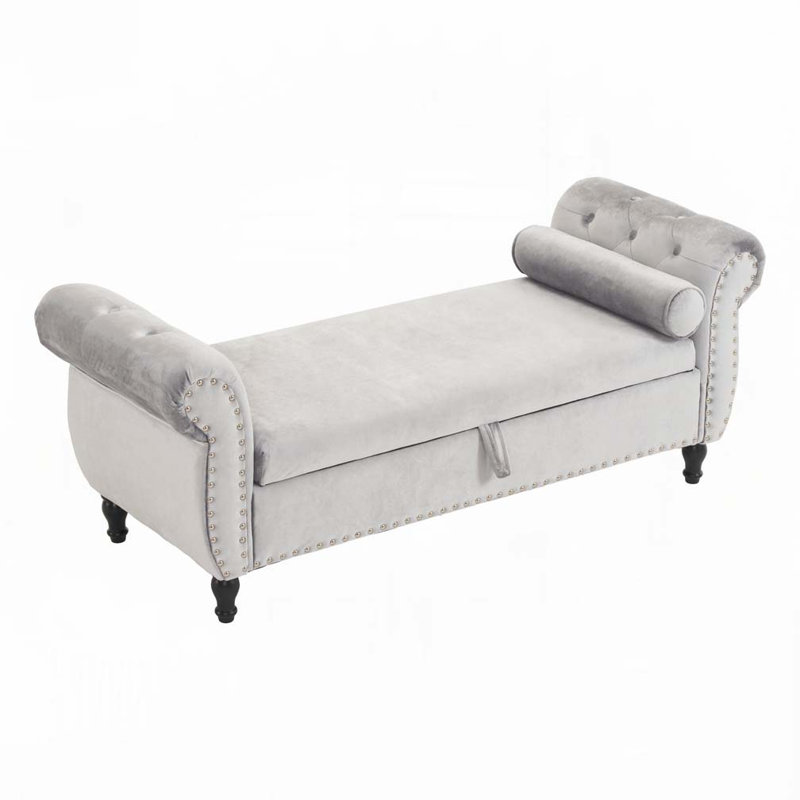 Banc de rangement en velours avec accoudoirs, Gris