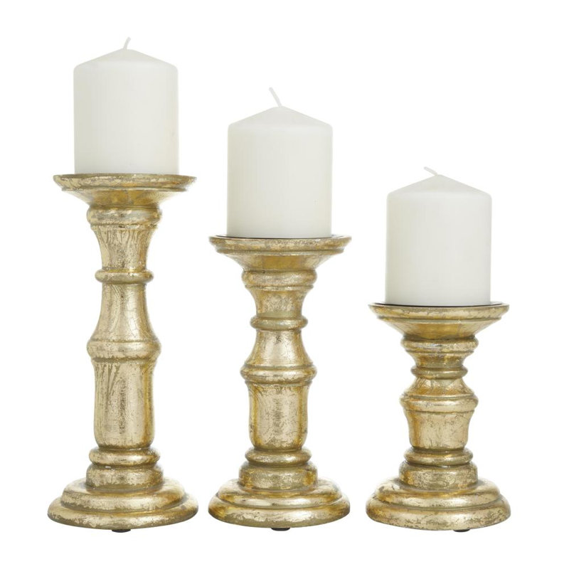 Wood Tabletop Candlestick Set, Gold, 6.05" H x 4" W x 3.95" D