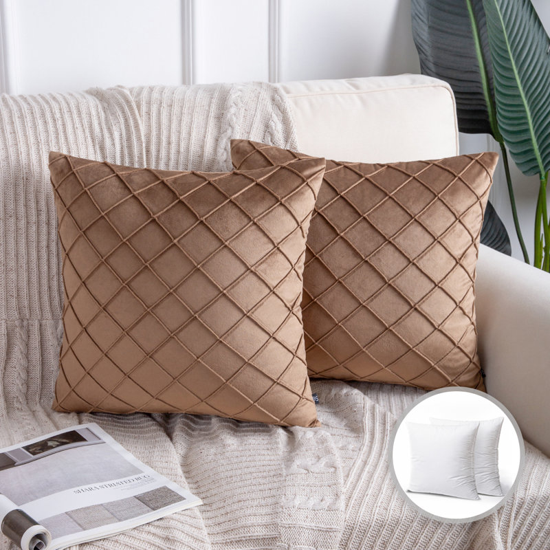 Square 18" Velvet Throw Pillow, Diamond Textured Decorative Pillows, Coffee, Polyester