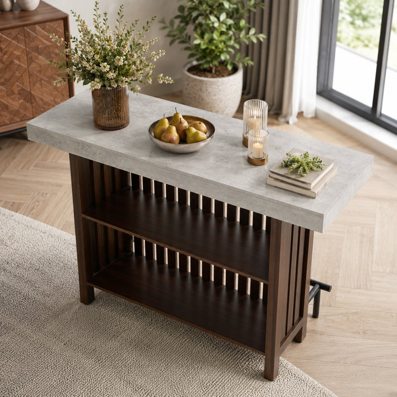 UNAROZ Buffet 3-en-1, table de bar, table haute, rangement pour bouteilles de vin et repose-pieds en métal, Naturel