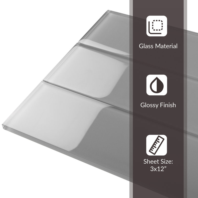 3'' x 12'' Glass Subway Wall Tile, Gray