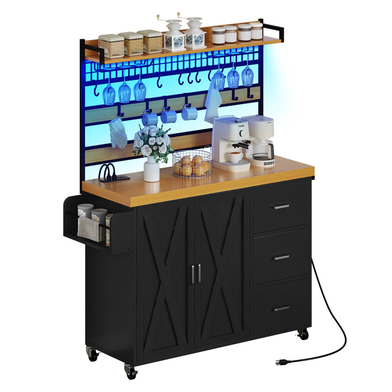 Farmhouse Bakers Rack with Power Outlet and LED Light, Microwave Stand Coffee Bar Cabinet on Wheels, Black