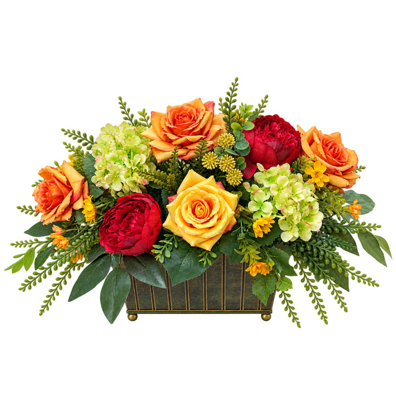 Faux Silk Rose Hydrangea and Sunflower Planter