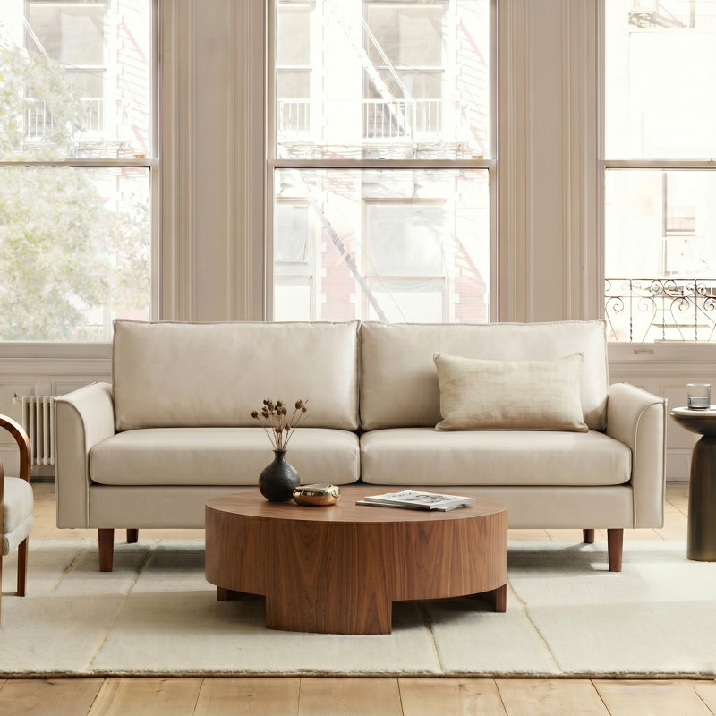 Alpha 78.5“ Mid-Century Modern Faux Leather Sofa with Solid Wood Legs, Ivory