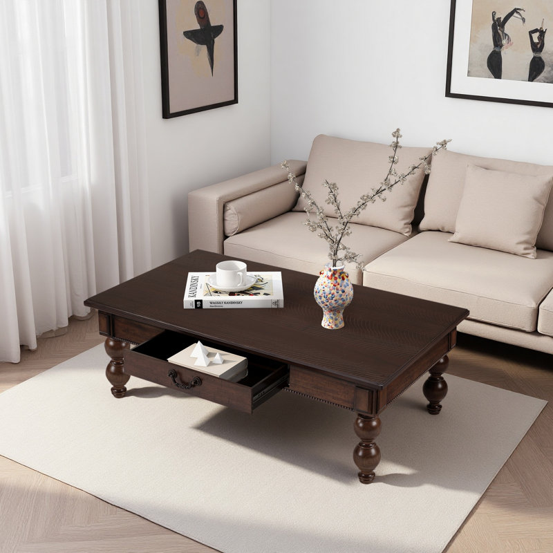 Table basse rectangulaire en bois avec tiroir de rangement, table de cocktail rétro avec pieds en bois massif en forme de gourde