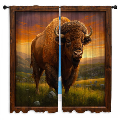Bison In Grassland Window Curtains Bison Sheer & Room Darkening - 2 Panels