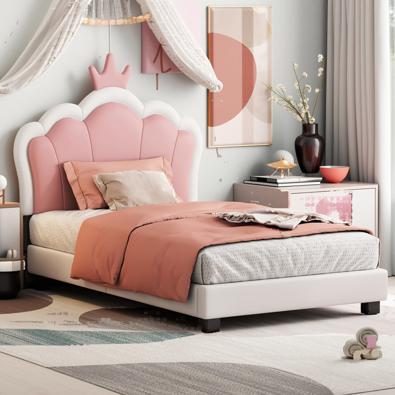 Twin Size Princess Bed With Crown Headboard - Cream+pink Pu Upholstered Platform Bed