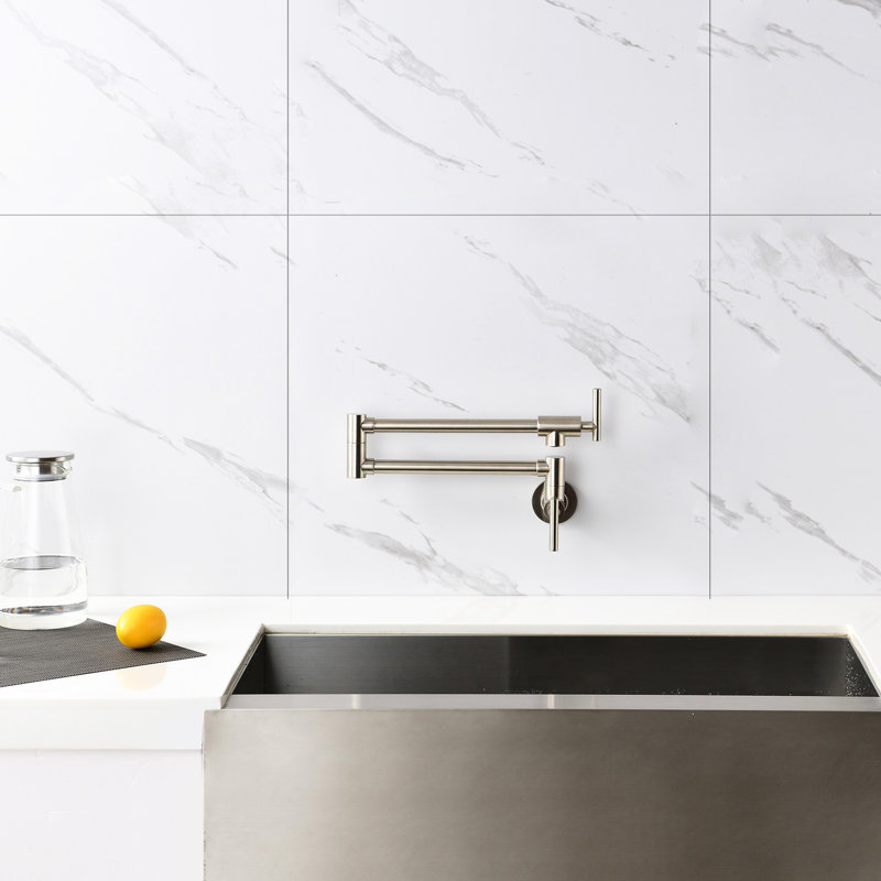 Brushed Nickel Pot Filler Faucet With Wall Mount & Folding Design - Arm For Hassle- Filling, Double Handles Precise Water Flow Regulation, Surface Finish Mounted Kitchen In Efficient Output, Special