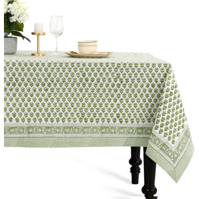 Tablecloth, 100% Pure Cotton, 70X108 Inches, Indian Block-Printed Rectangular Tablecloth, Green, Suitable For Weddings, Spring And Summer, Barbecues - Emerald Green