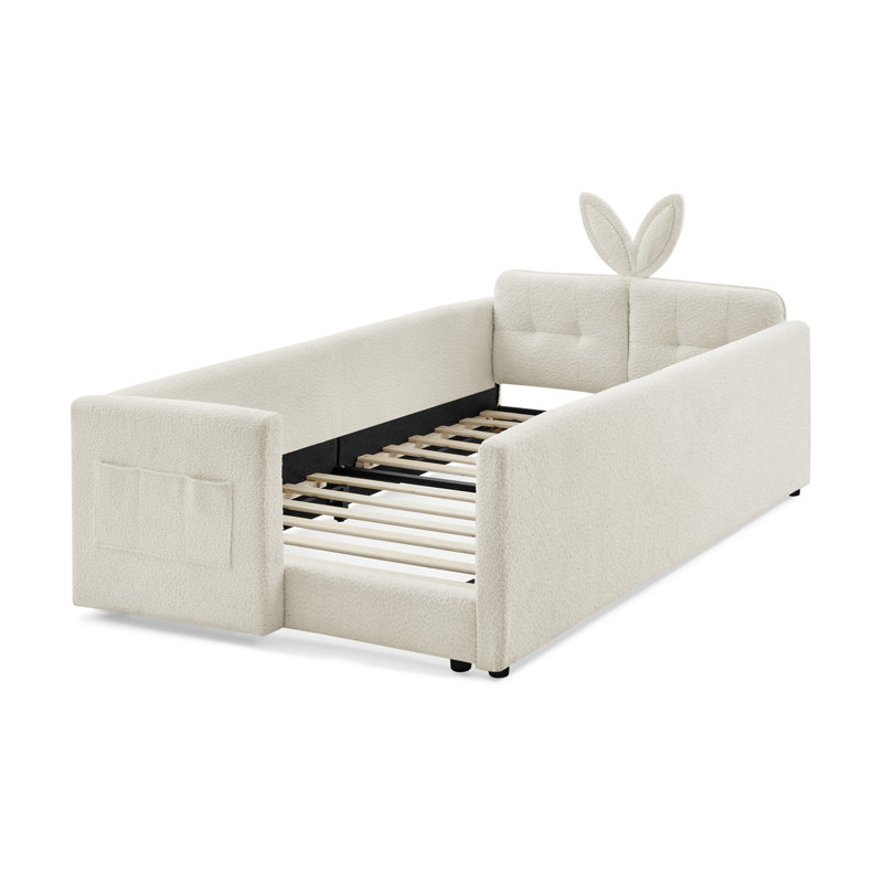 Boucle Upholstered Platform Bed with Cute Rabbit Ear Shaped Headboard, Beige