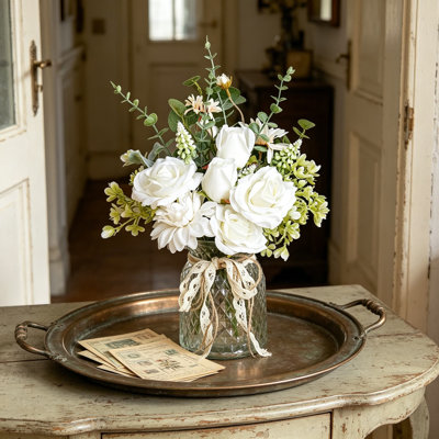 Fake Flowers in Vase Artificial Silk Flower Arrangement with Glass Vase, White and Gray-Blue Blossoms, Faux Floral Table Centerpiece Decor for Kitchen Farmhouse Coffee Table Living Room Bathroom