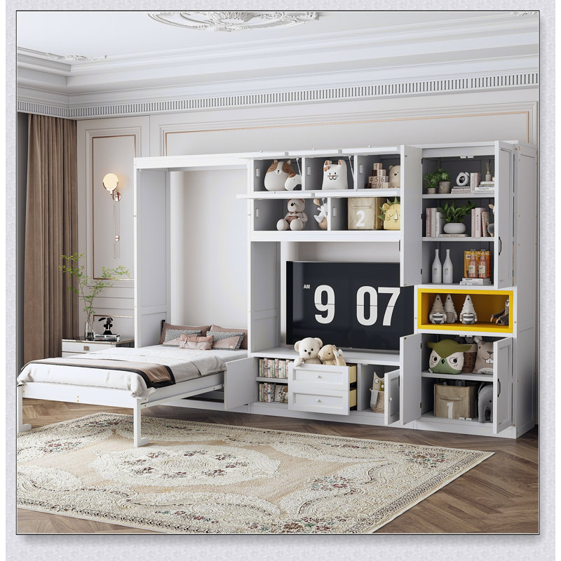 Wooden Murphy Bed With TV Stand, 2 Drawers, Shelves, And Cabinets, White