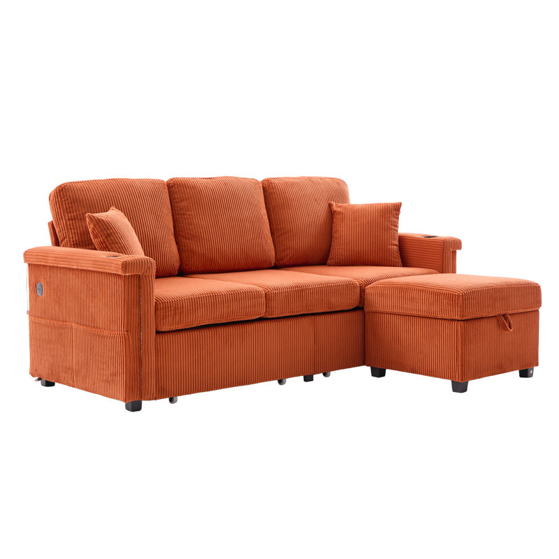 Convertible orange en velours côtelé 4 avec rangement, compartiment coulissant, ports et porte-gobelets pour accoudoirs pour espaces de vie Rangement en forme de L, charge mobile, coussins moelleux