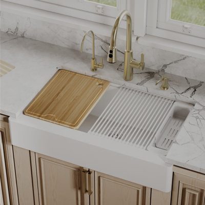 Karran 34" Apron Front Single Bowl Quartz Kitchen Sink Kit in White