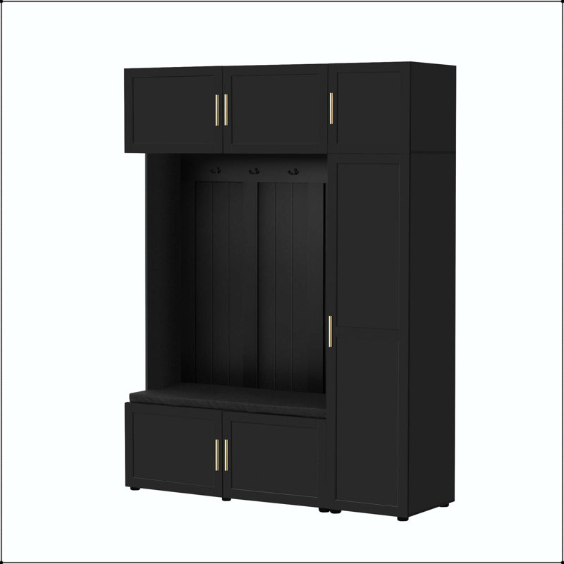 American Style 4-in-1 Hall Tree with Padded Bench & 4 Hooks, Antique Black