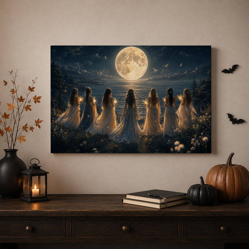 Sept femmes aux lumières scintillantes face à une lune géante - Toile murale d'Halloween, H 20 po x l 30 po