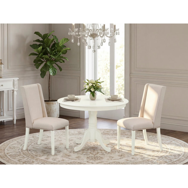 5 Piece Modern Dining Table Set Includes a Rectangle Wooden Table with Butterfly Leaf and 4 Light Beige Linen Fabric Parson Chairs, Mahogany