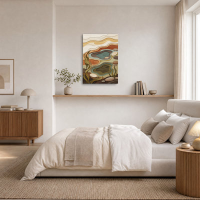 Paysage de rivière en bois superposé dans des tons terreux, tableau sur toile