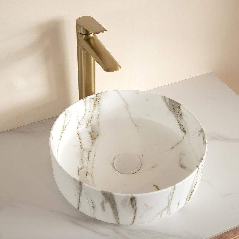 Bella 14" Round Ceramic Vessel Sink with Stone Pattern, Glossy White