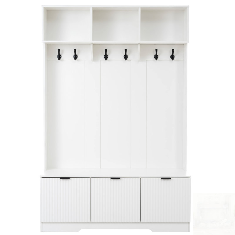 5-In-1 Hall Tree With Bench, Shoe Storage, And Open Cabinets, High Gloss Fluted Doors For Elegant Entryway Organization