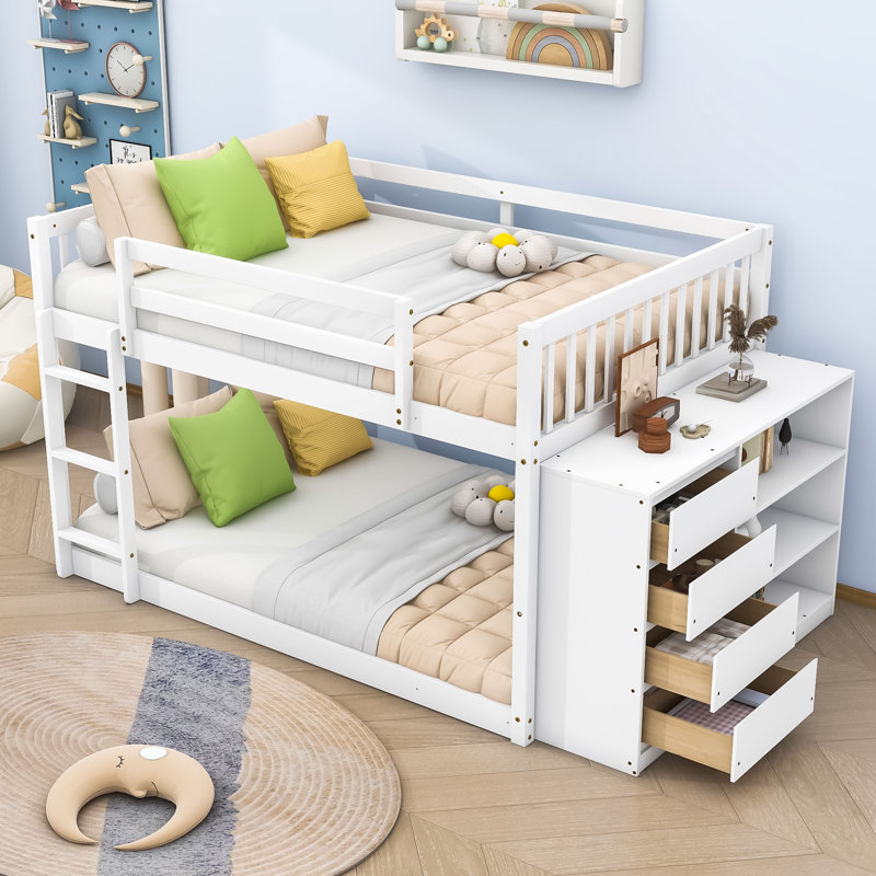 Kialah Space-Saving Bunk Bed With Built-In Storage And Slats, Full Over Full, White