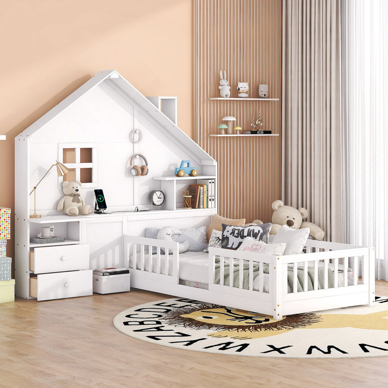 Lit House avec fenêtre et tiroirs de chevet, lit plateforme avec tablettes, prises et USB