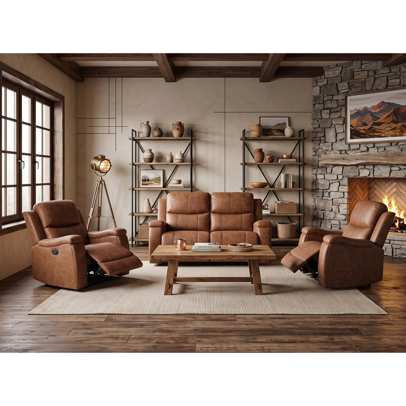 3-Piece Vegan Leather Reclining Living Room Set, Cognac
