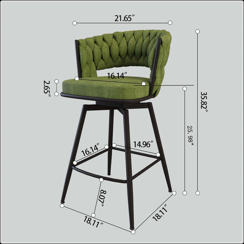 26 tabouret de bar rotatif tissé en lin - Pieds en métal noir avec tissu vert, Vert