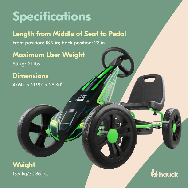 hauck Cyclone Junior Racing Go Kart, 12” Rims and Race Style Pedals, Lime Green