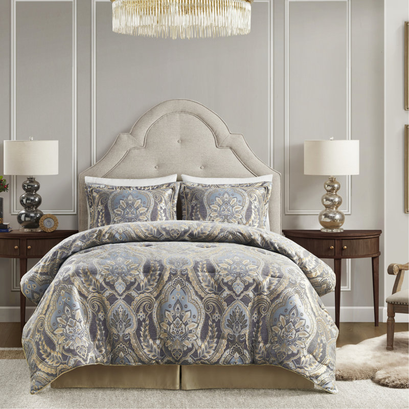 Literie pour lit très grand bleu / gris - fermeture à glissière, garniture de satin antique, édredon élégant en tissage, sensation luxueuse