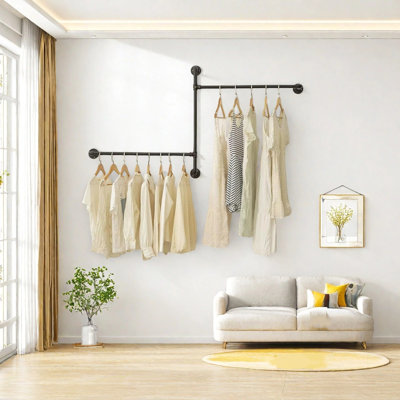 Industrial Pipe Clothing Rack,Heavy Duty Clothes Racks For Clothes To Hang Metal Black - Wall Mounted Garment Racks For Hanging Clothes - Modern Walk In Closet