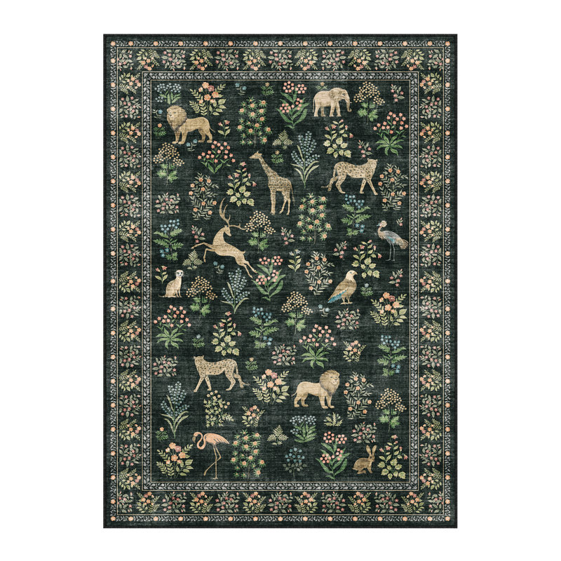 Tapis lavable Elyra Forêt-Noire à motif d'animaux avec envers antidérapant, Rectangle 5 pi x 7 pi