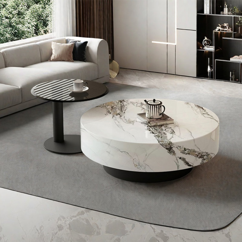 Table basse moderne simple ronde en marbre, Blanc / Gris, H 13,8 po x L 47,2 po x l 47,2 po