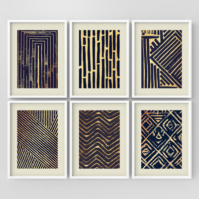 Art mural encadré, ensemble de galerie, or et noir abstrait, dessin au trait géométrique, coups de pinceau moderne, art dramatique foncé pour salon, chambre à coucher, bureau