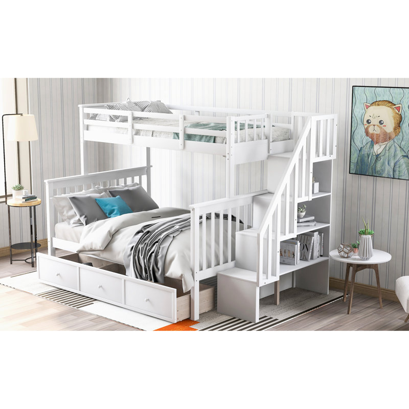 Twinfull Bunk Bed With Drawer For Space Saving - White Finish Storage Sheets And A Cozy Bedroom