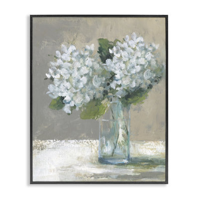Vase en verre blanc avec hortensias blancs, estampe numérique, design par Carol Robinson